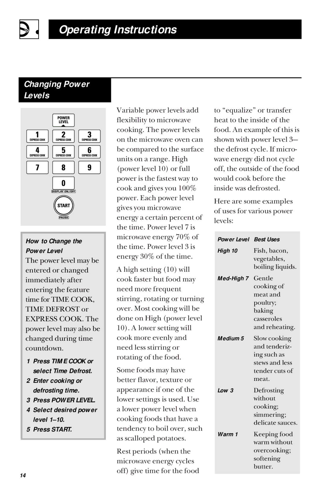 GE 900 Watts JVM1430, JVM1431 manual Changing Power Levels, How to Change Power Level 