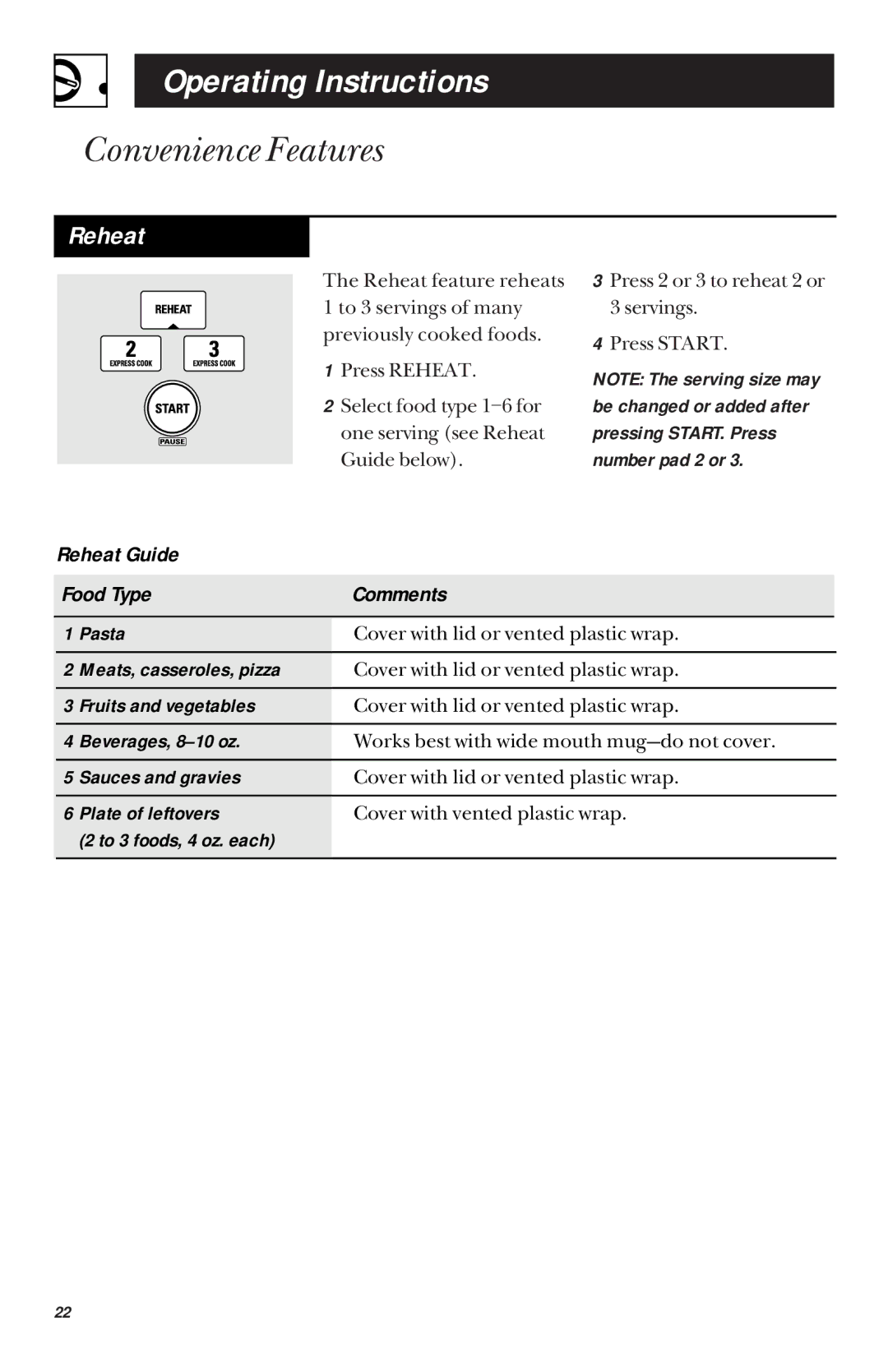 GE 900 Watts JVM1430, JVM1431 manual Reheat 