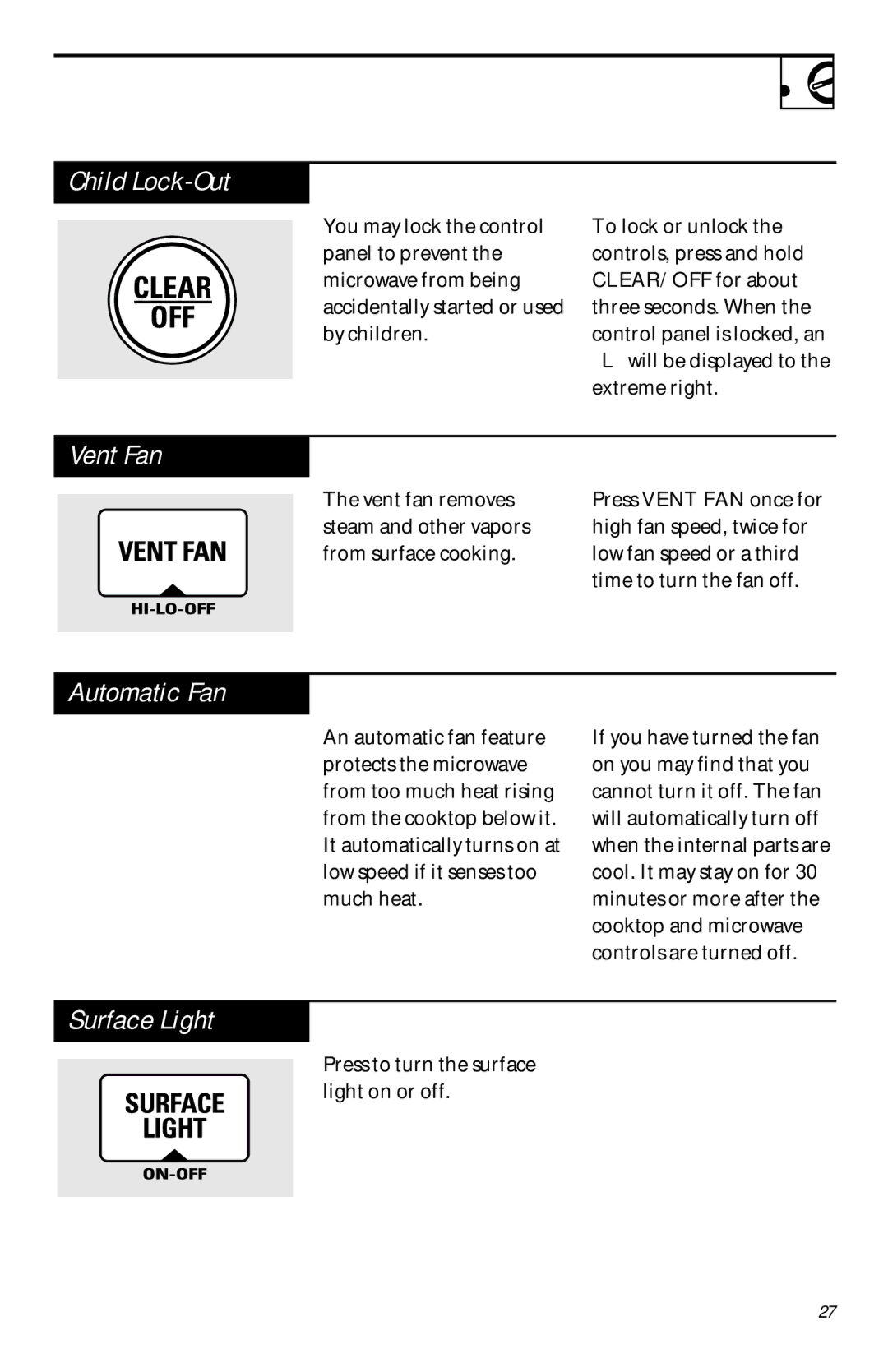 GE JVM1431, 900 Watts JVM1430 manual Child Lock-Out, Vent Fan, Automatic Fan, Surface Light 