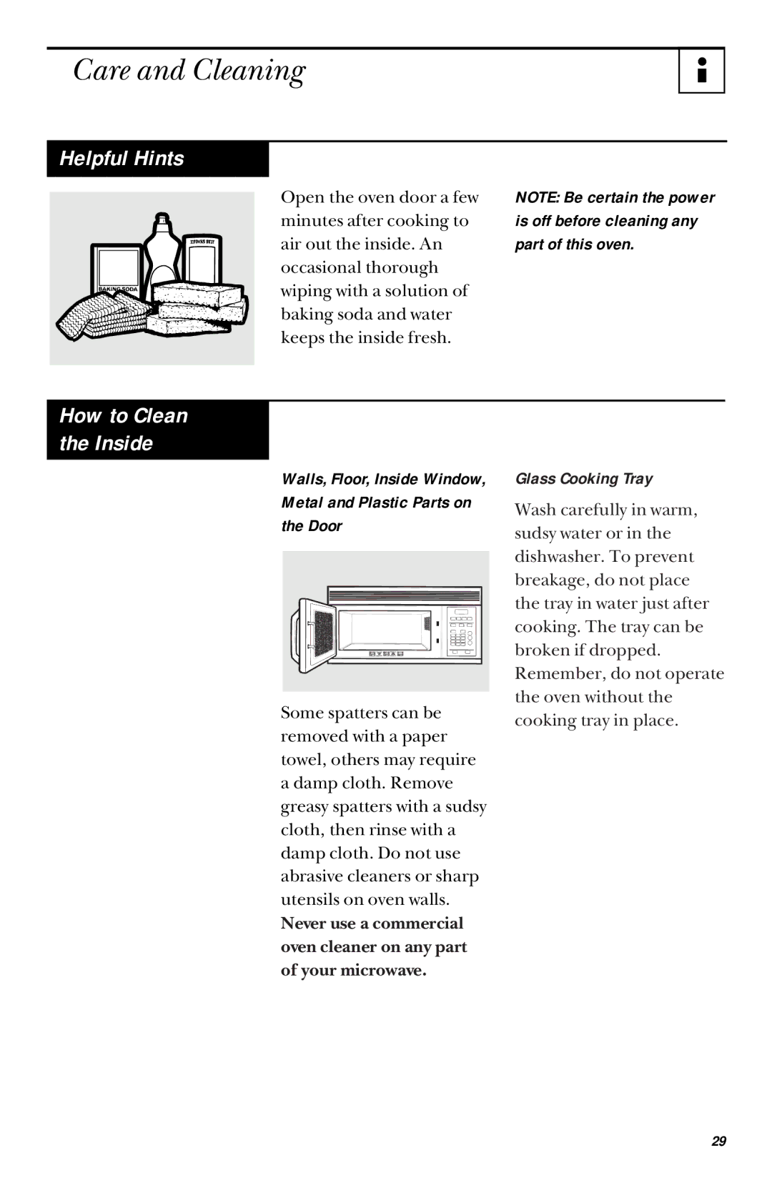 GE JVM1431 manual Care and Cleaning, Helpful Hints, Walls, Floor, Inside Window Metal and Plastic Parts on Door 