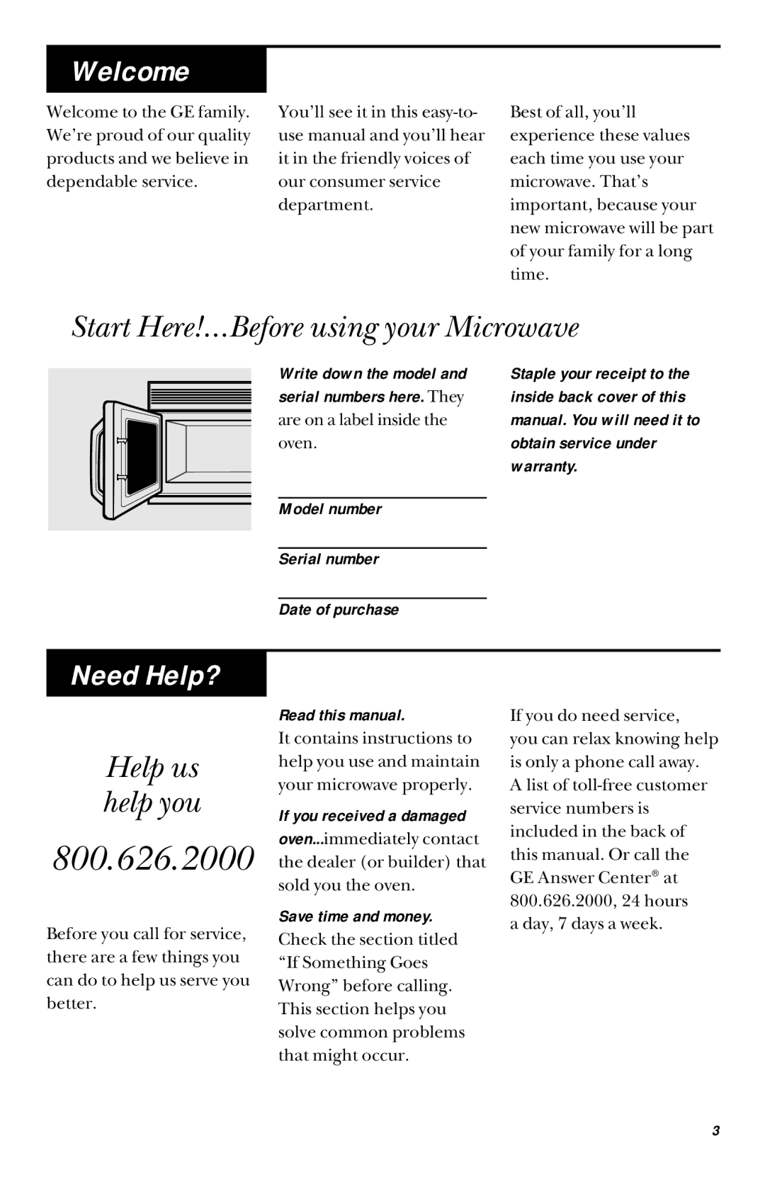 GE JVM1431, 900 Watts JVM1430 manual Welcome, Start Here!…Before using your Microwave, Need Help?, Help us help you 