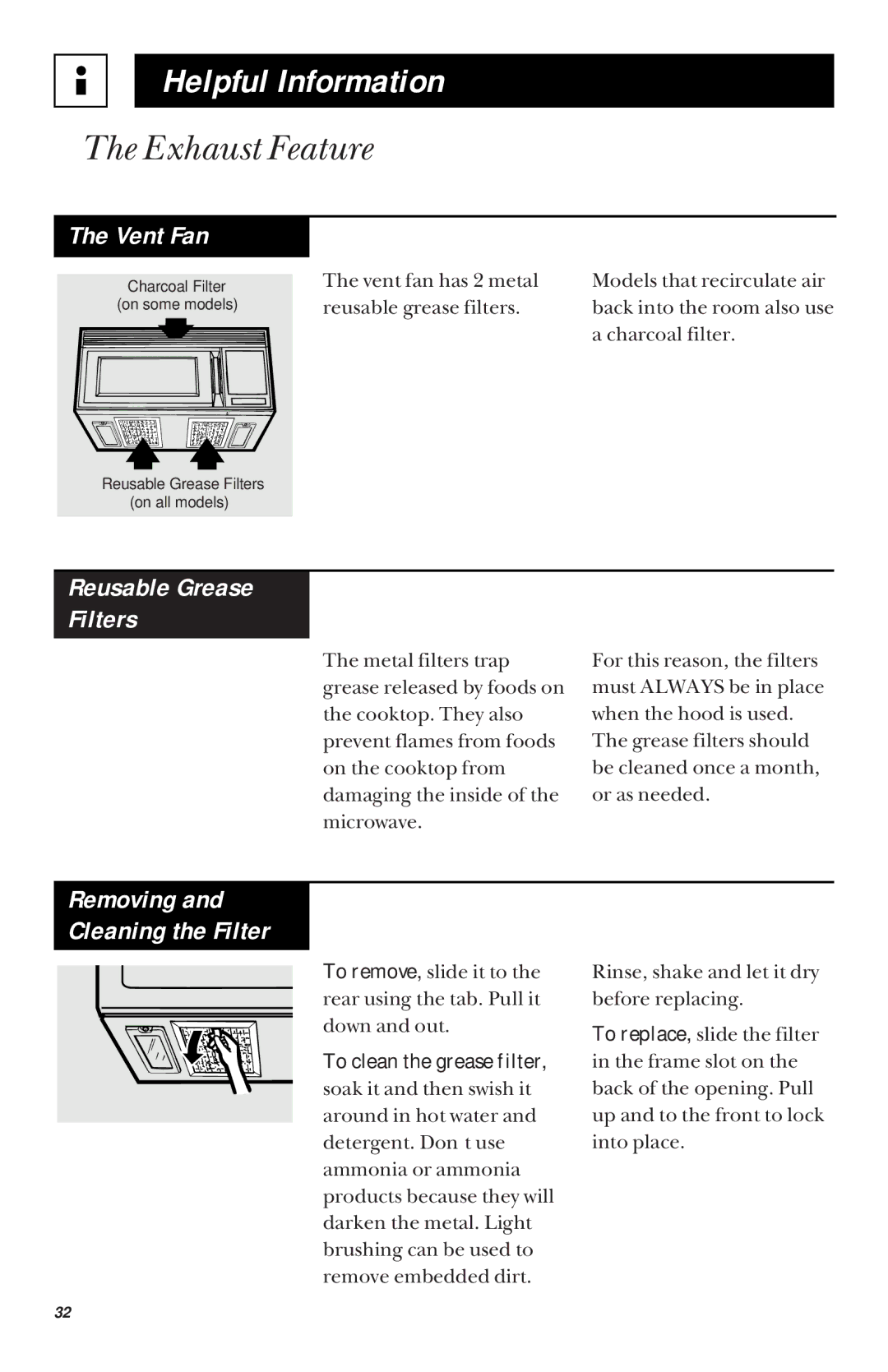 GE 900 Watts JVM1430, JVM1431 manual Exhaust Feature, Reusable Grease Filters, Removing Cleaning the Filter 