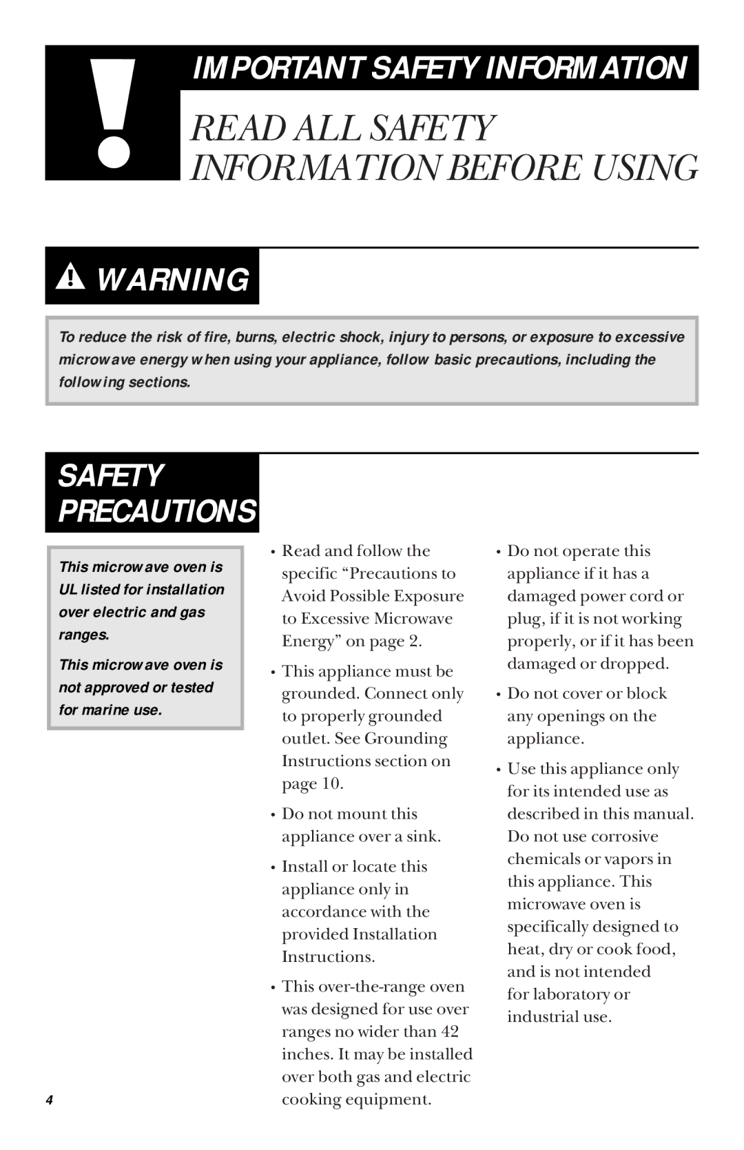 GE 900 Watts JVM1430, JVM1431 manual Safety Precautions 