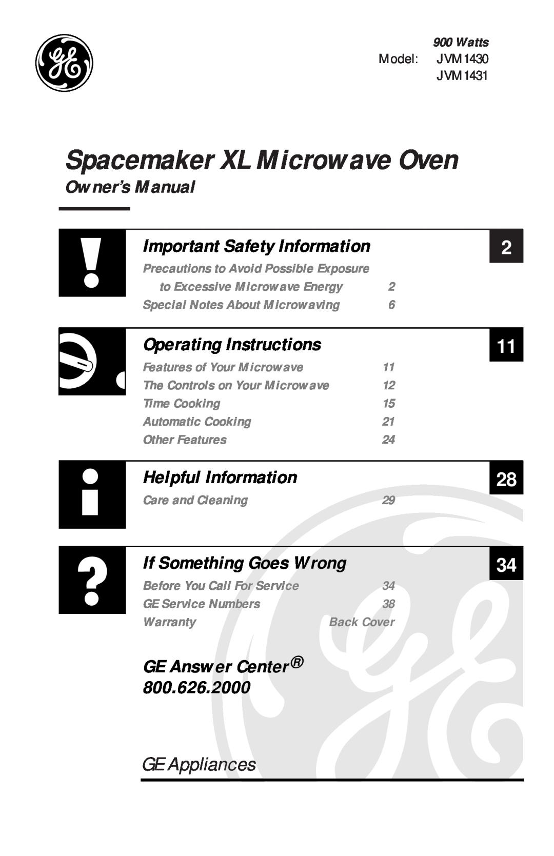 GE JVM1431 manual Watts, Spacemaker XL Microwave Oven, GE Appliances, Operating Instructions, Helpful Information 