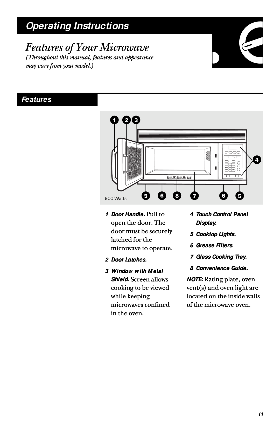 GE JVM1431 manual Operating Instructions, Features of Your Microwave, Door Latches, Glass Cooking Tray 8 Convenience Guide 