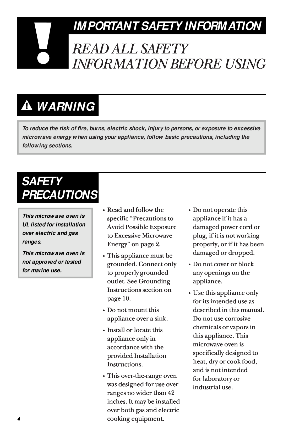 GE 900 Watts JVM1430, JVM1431 Safety Precautions, Read All Safety Information Before Using, Important Safety Information 