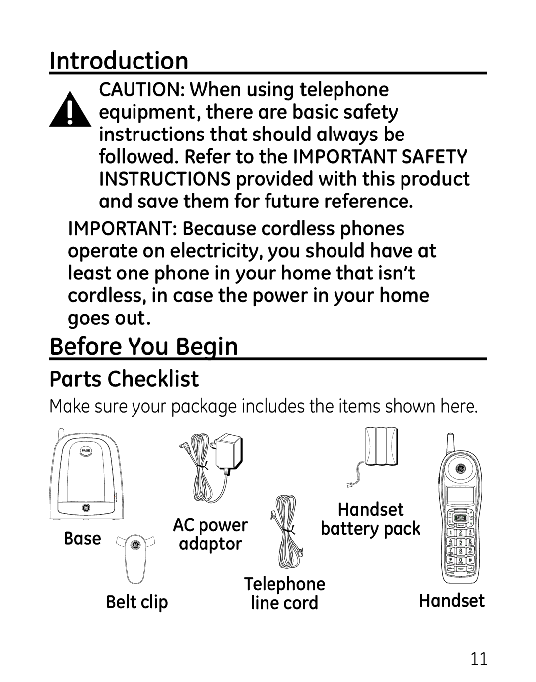 GE 00016, 7906 manual Introduction, Before You Begin, Parts Checklist, Base 