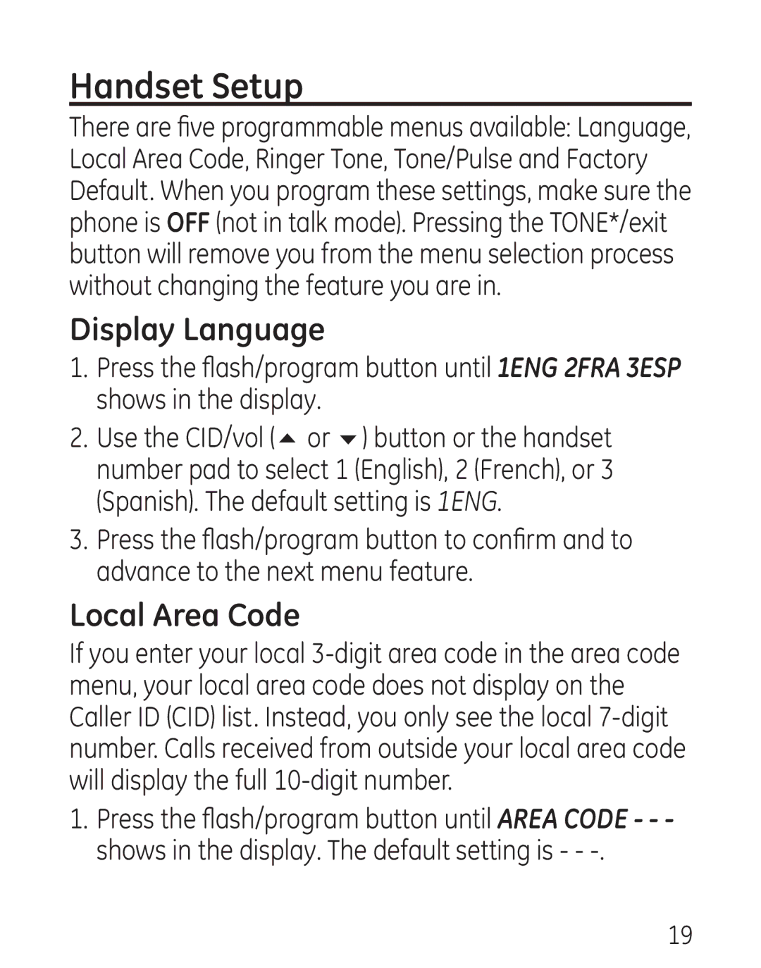 GE 7906, 00016 manual Handset Setup, Display Language, Local Area Code 