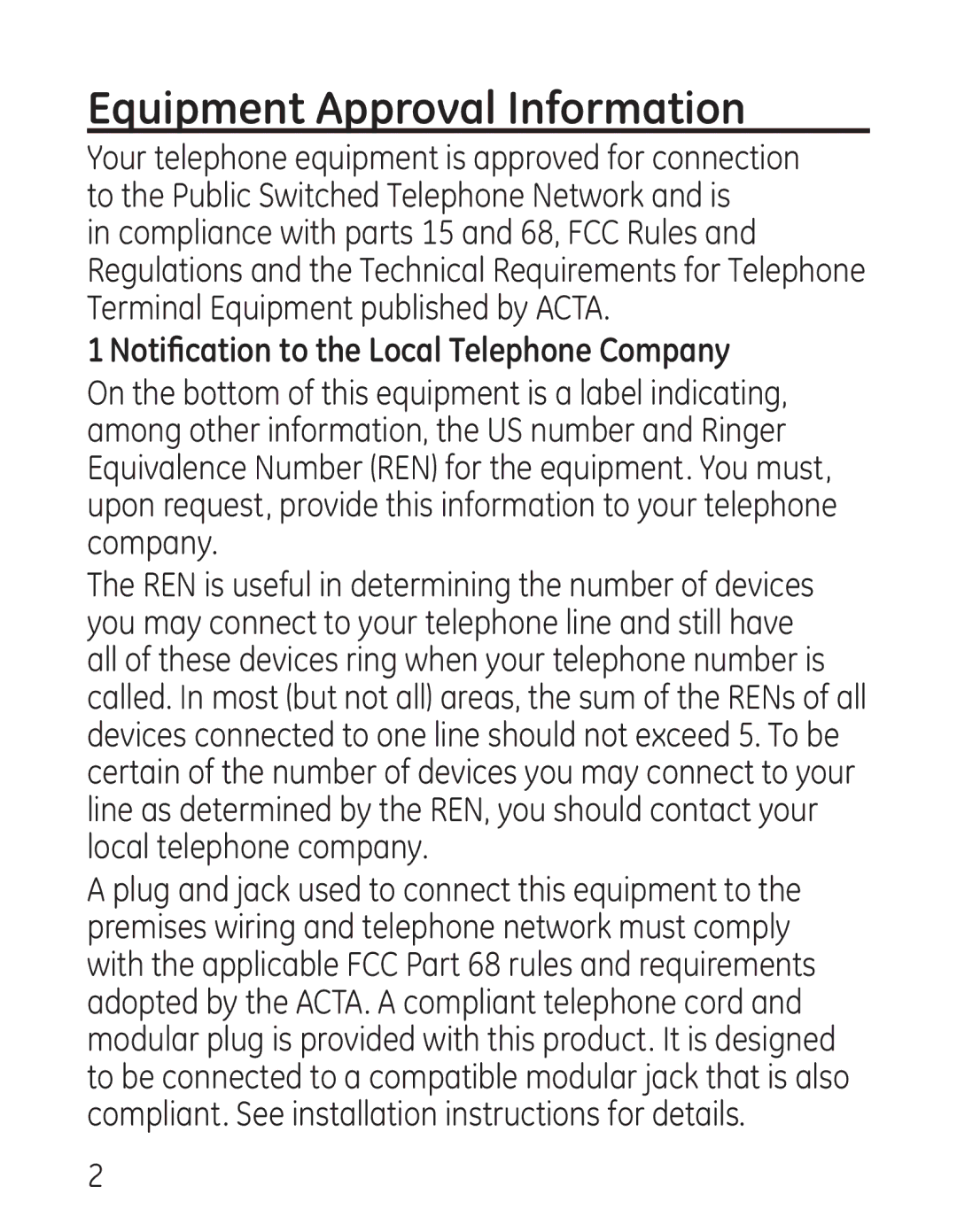 GE 00016, 7906 manual Equipment Approval Information, Notification to the Local Telephone Company 