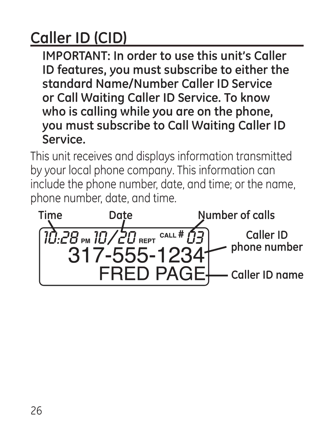 GE 00016, 7906 manual Caller ID CID, Time Date Number of calls 