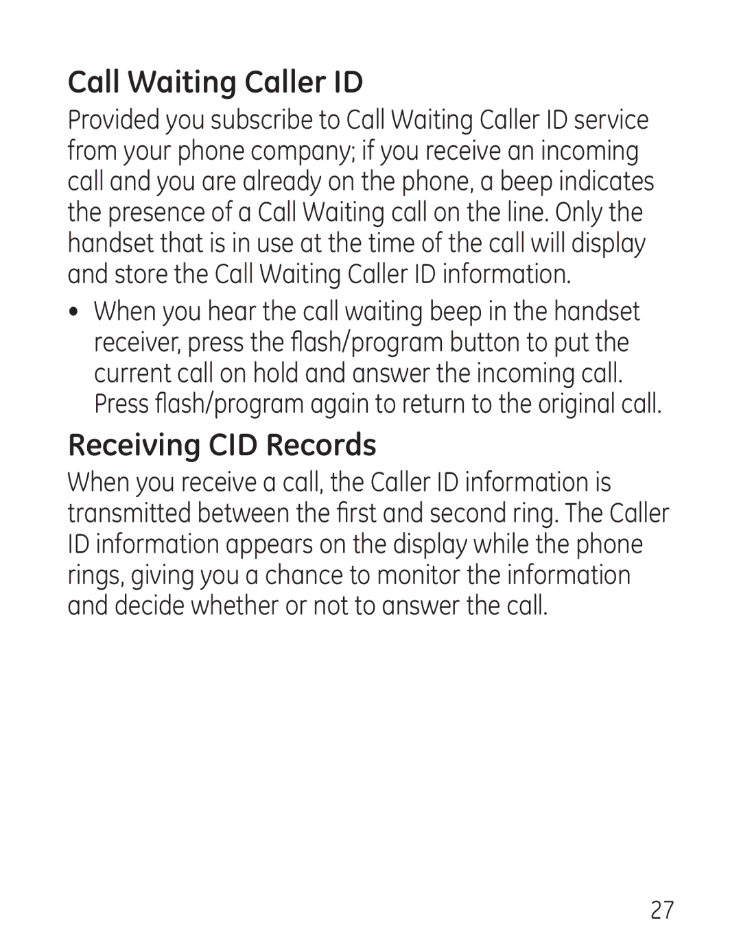 GE 7906, 00016 manual Call Waiting Caller ID, Receiving CID Records 