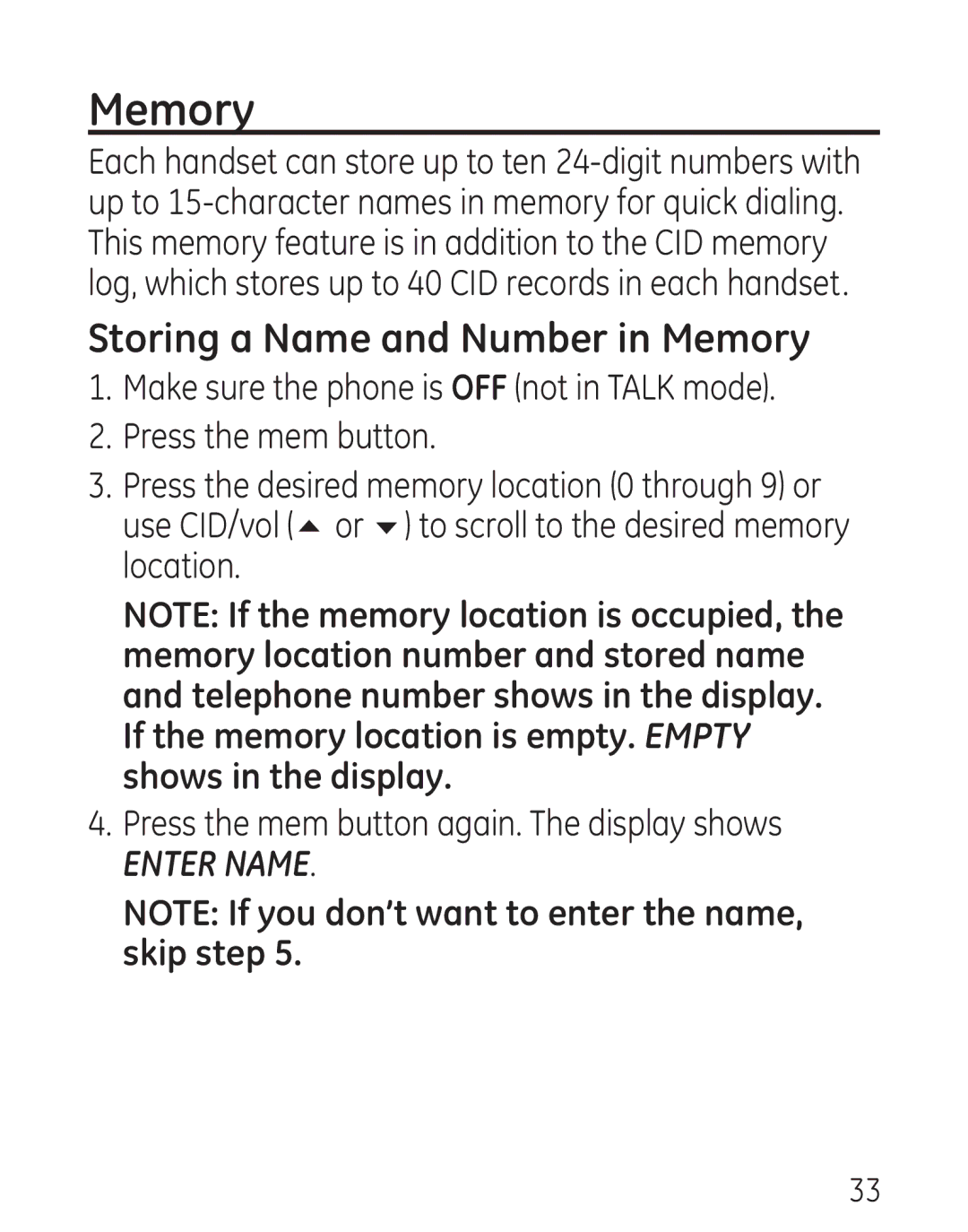 GE 7906, 00016 manual Storing a Name and Number in Memory 