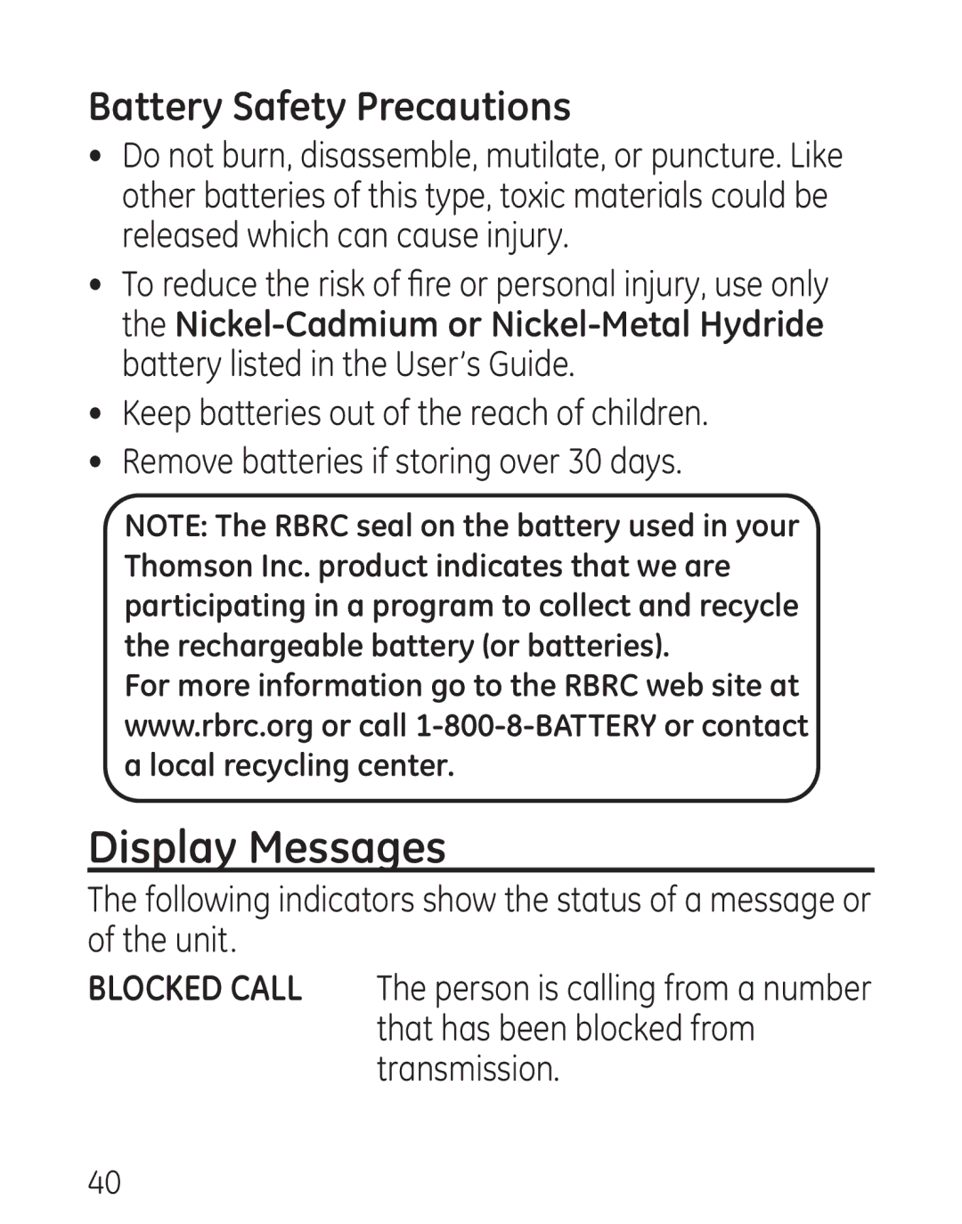 GE 7906, 00016 manual Display Messages, Battery Safety Precautions 