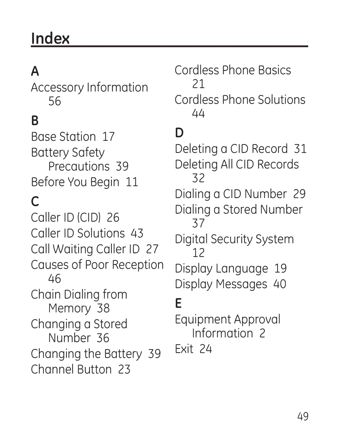 GE 7906, 00016 manual Index 