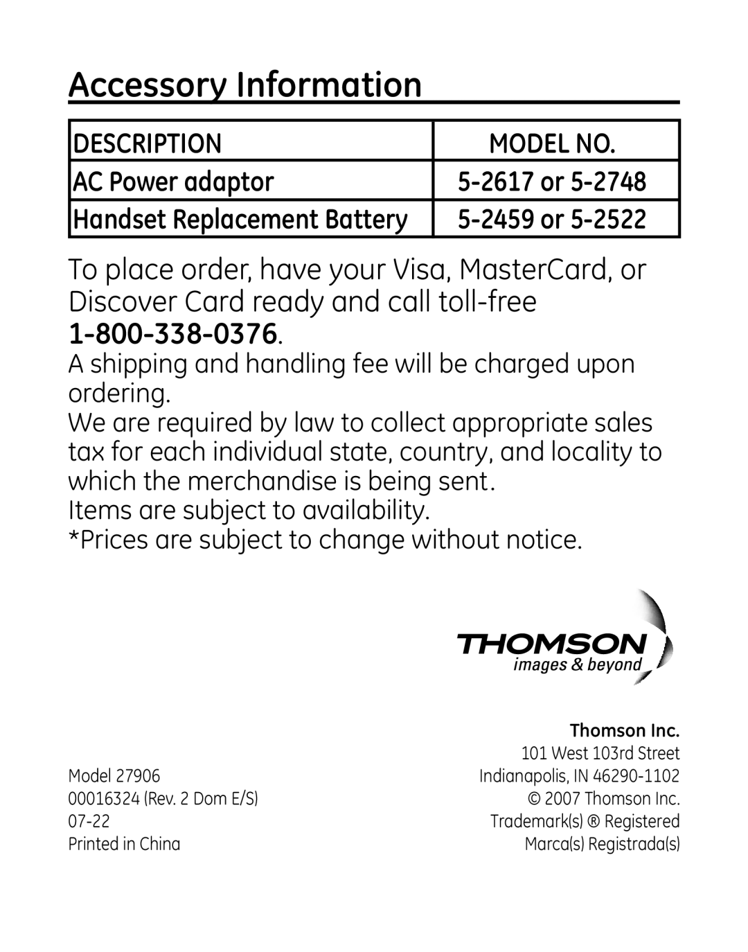 GE 00016, 7906 manual Accessory Information, Thomson Inc 