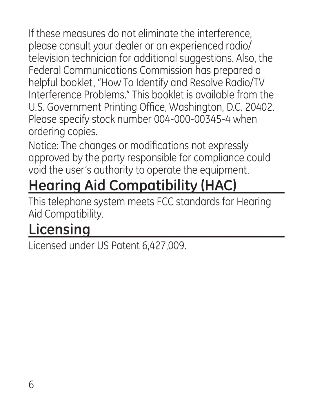 GE 7906, 00016 manual Hearing Aid Compatibility HAC, Licensing 