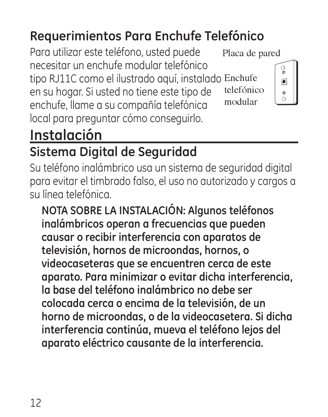 GE 00016, 7906 manual Instalación, Requerimientos Para Enchufe Telefónico, Sistema Digital de Seguridad 