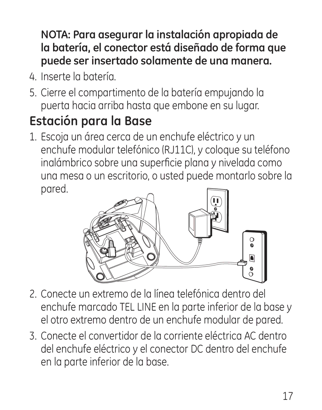 GE 7906, 00016 manual Estación para la Base, Inserte la batería 