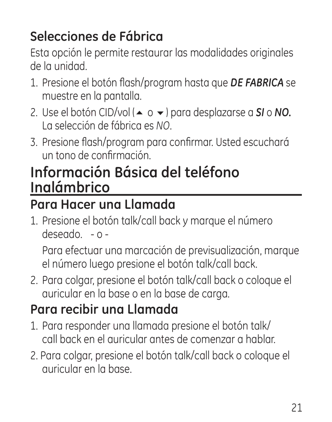 GE 00016, 7906 manual Información Básica del teléfono Inalámbrico, Selecciones de Fábrica, Para Hacer una Llamada 