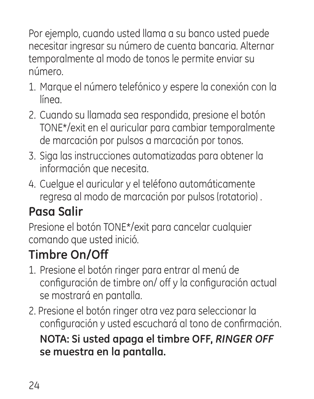 GE 00016, 7906 manual Pasa Salir, Timbre On/Off 