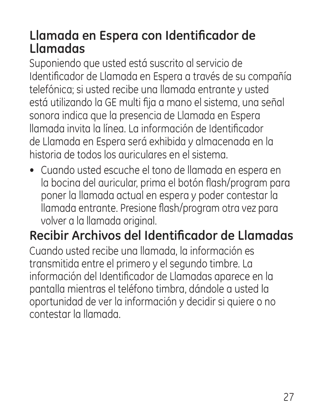 GE 00016, 7906 manual Llamada en Espera con Identificador de Llamadas, Recibir Archivos del Identificador de Llamadas 