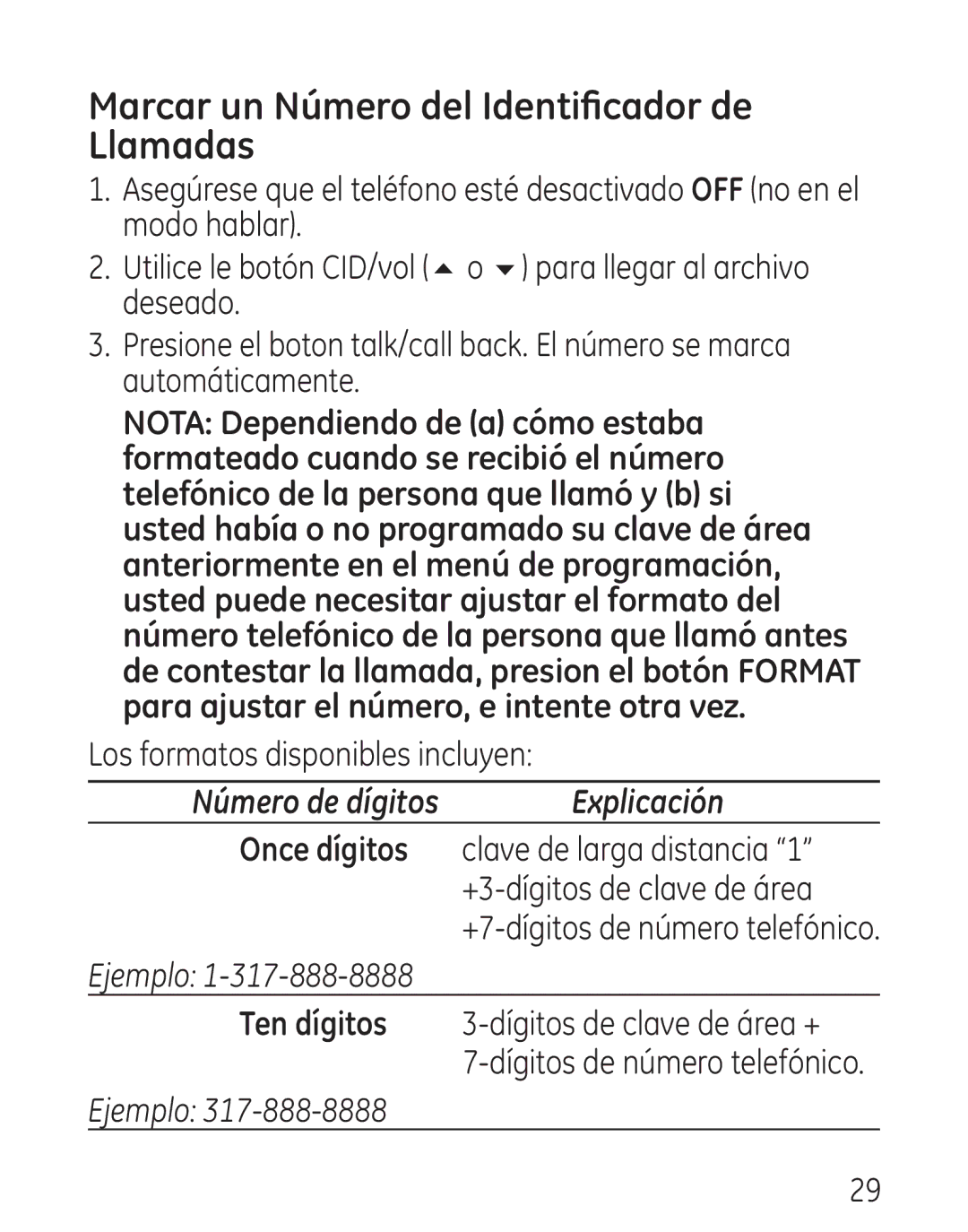 GE 7906, 00016 manual Marcar un Número del Identificador de Llamadas, Ten dígitos 