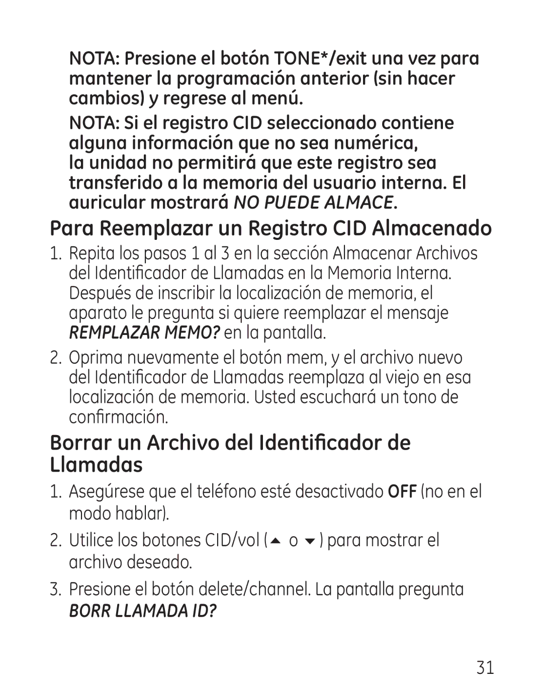 GE 7906, 00016 manual Para Reemplazar un Registro CID Almacenado, Borrar un Archivo del Identificador de Llamadas 