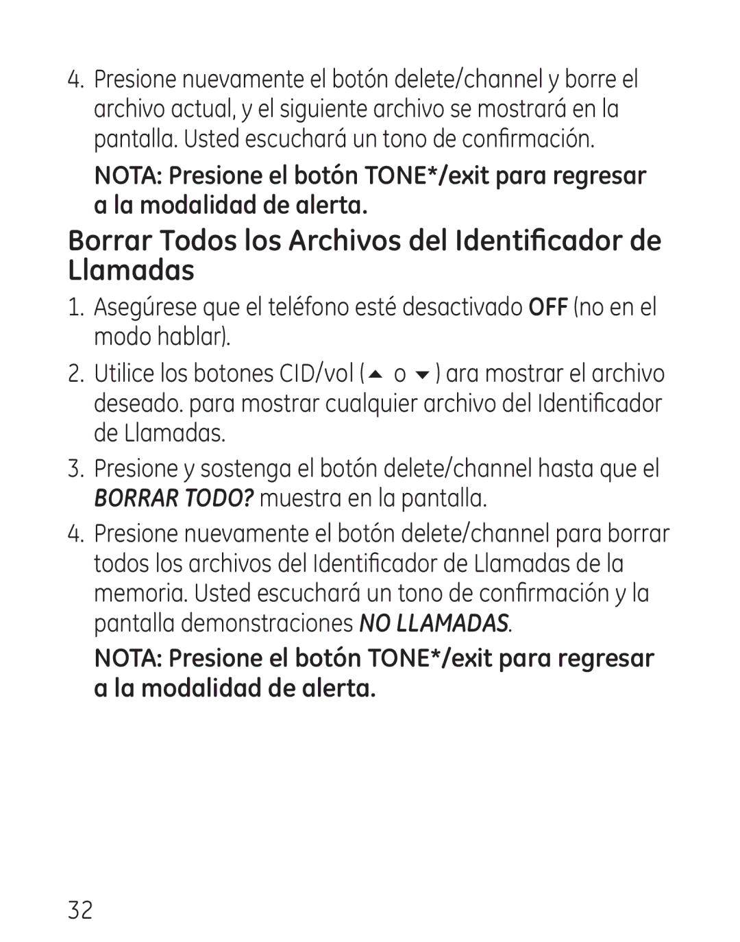 GE 7906, 00016 manual Borrar Todos los Archivos del Identificador de Llamadas 