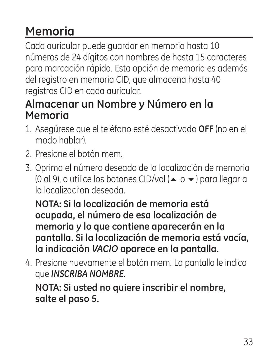 GE 00016, 906 Almacenar un Nombre y Número en la Memoria, Nota Si usted no quiere inscribir el nombre, salte el paso 