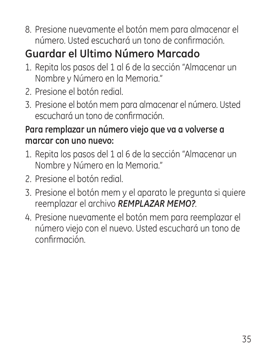 GE 7906, 00016 manual Guardar el Ultimo Número Marcado 