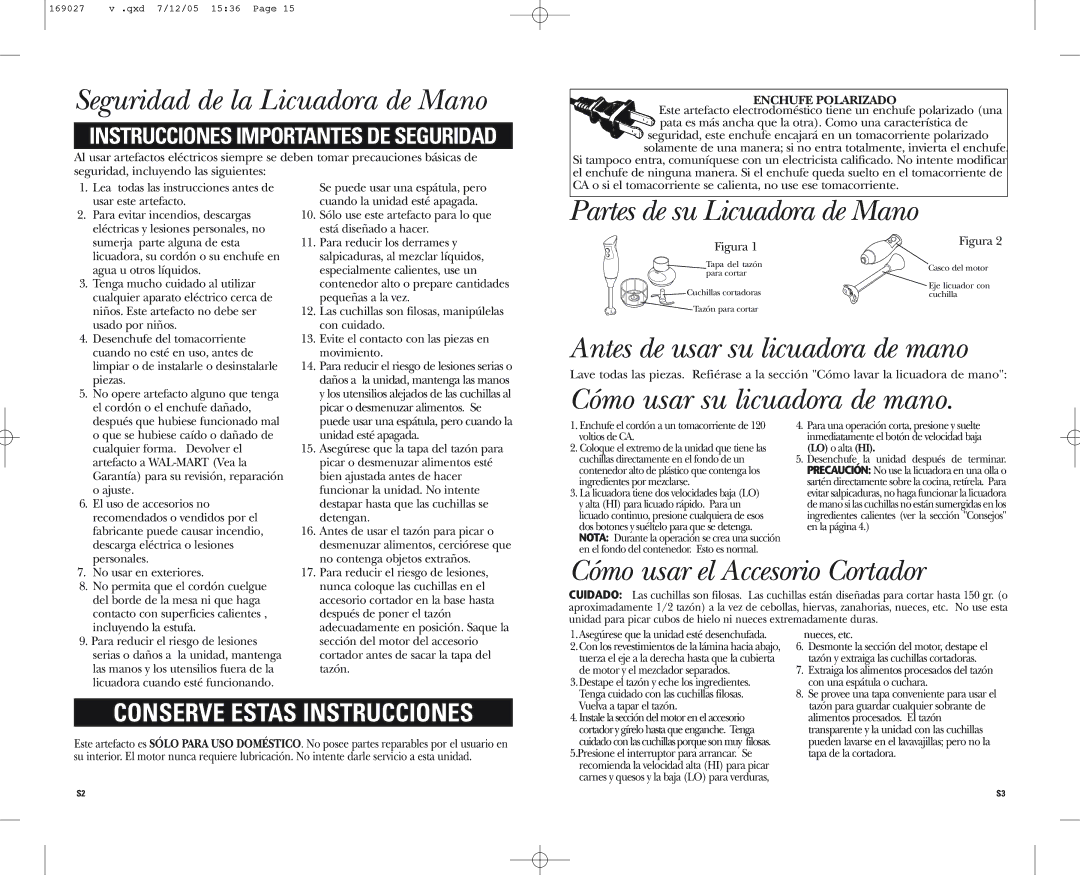 GE 169027 warranty Seguridad de la Licuadora de Mano, Partes de su Licuadora de Mano, Antes de usar su licuadora de mano 