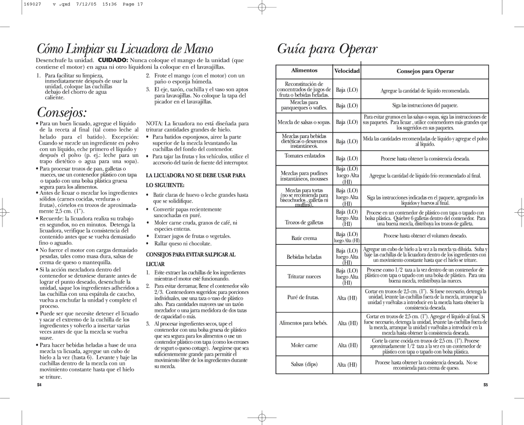 GE 9100170000144, 169027 Cómo Limpiar su Licuadora de Mano, Guía para Operar, Consejos Para Evitar Salpicar AL Licuar 