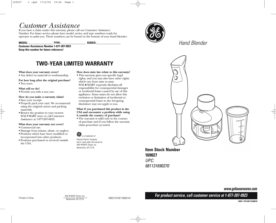 GE 681131690270 warranty Customer Assistance, Two-Year Limited Warranty, g Hand Blender, Item Stock Number, Upc 