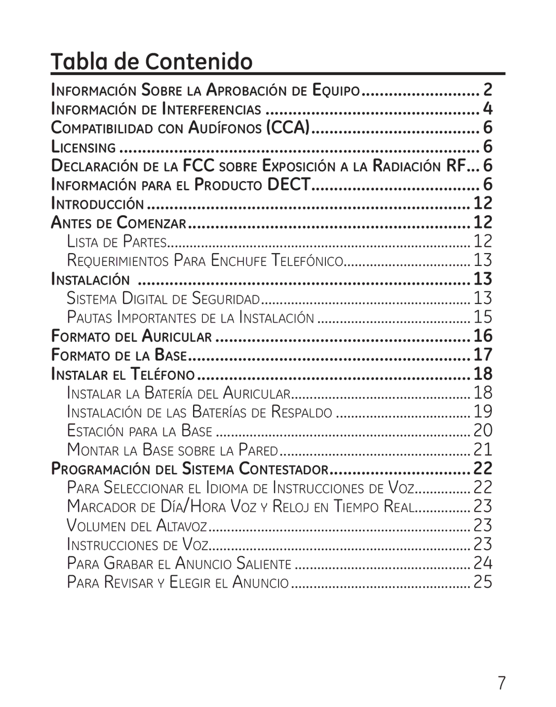 GE 00018, 9115 manual Tabla de Contenido, Programación del Sistema Contestador 