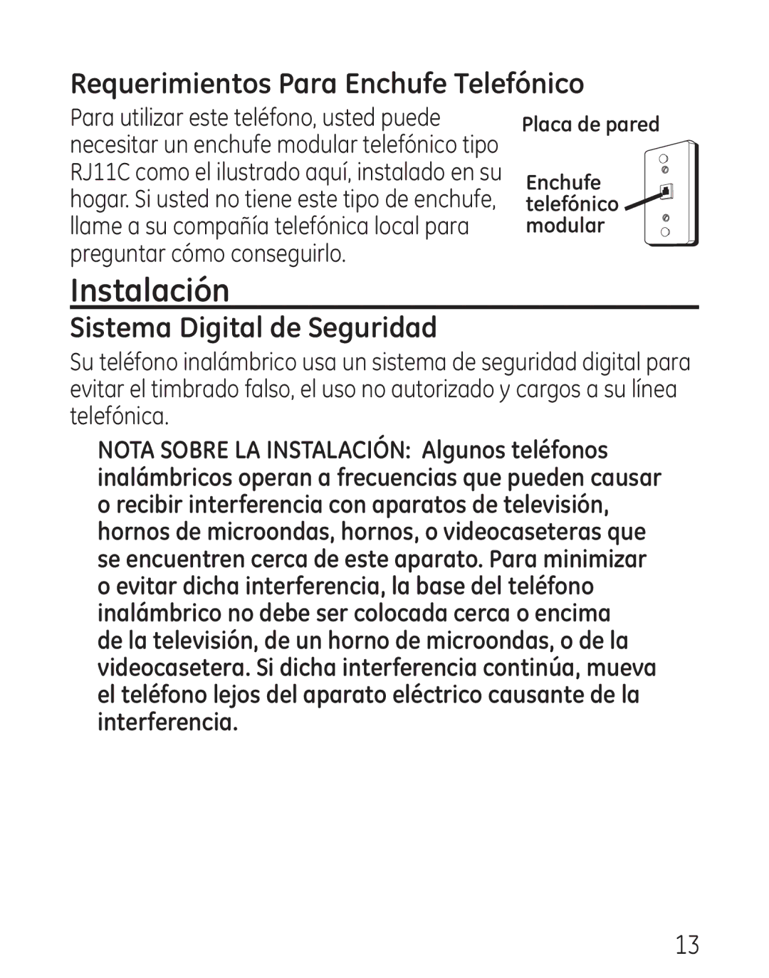 GE 00018, 9115 manual Instalación, Requerimientos Para Enchufe Telefónico, Sistema Digital de Seguridad 