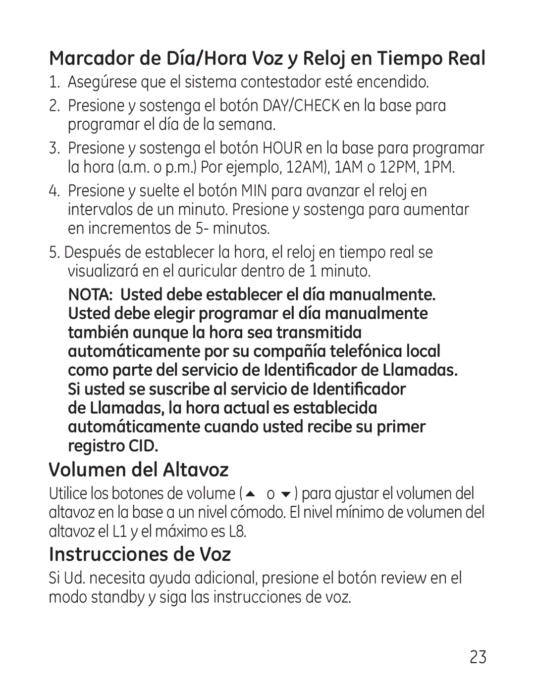 GE 00018, 9115 manual Marcador de Día/Hora Voz y Reloj en Tiempo Real, Volumen del Altavoz, Instrucciones de Voz 