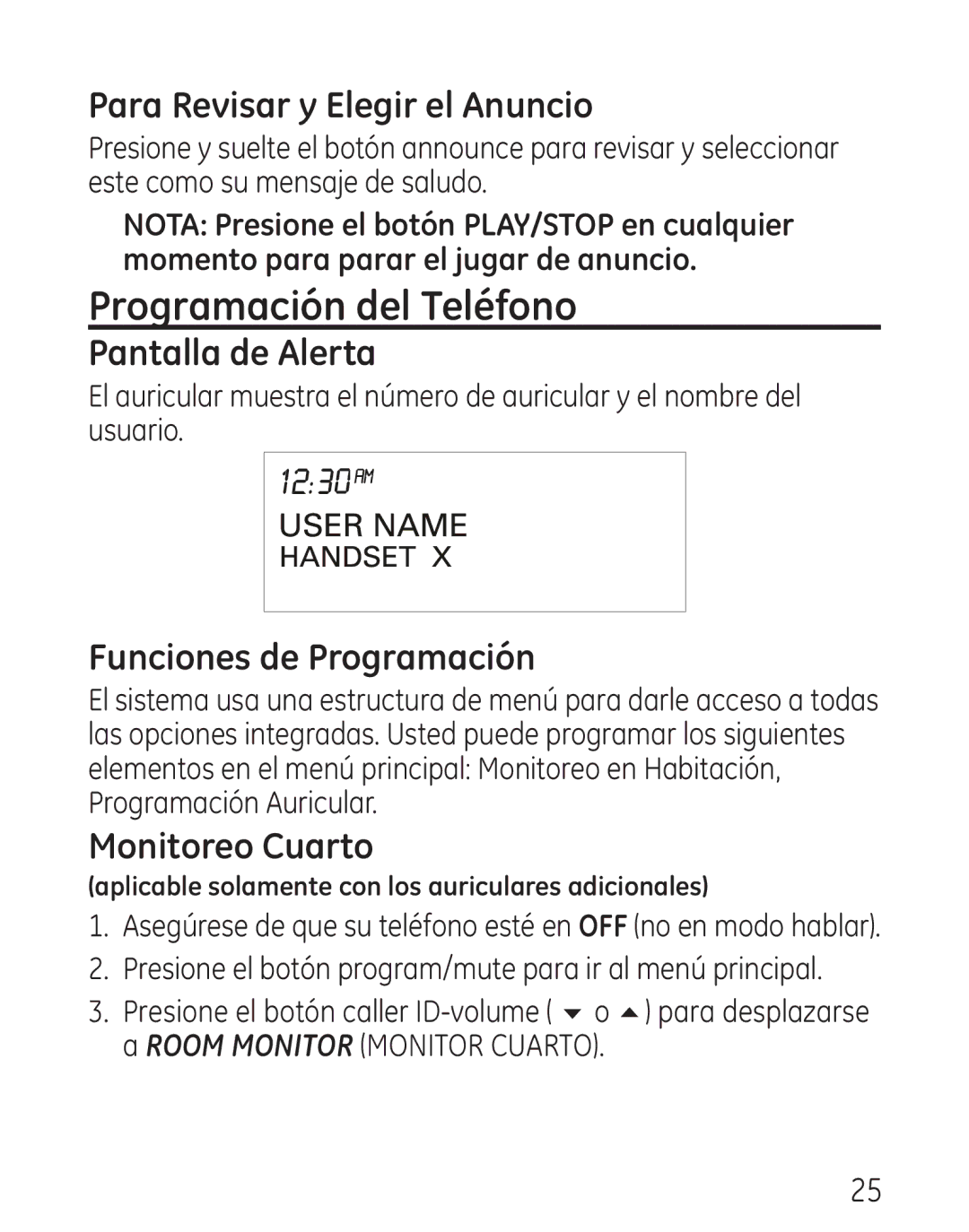 GE 00018, 9115 Programación del Teléfono, Para Revisar y Elegir el Anuncio, Pantalla de Alerta, Funciones de Programación 