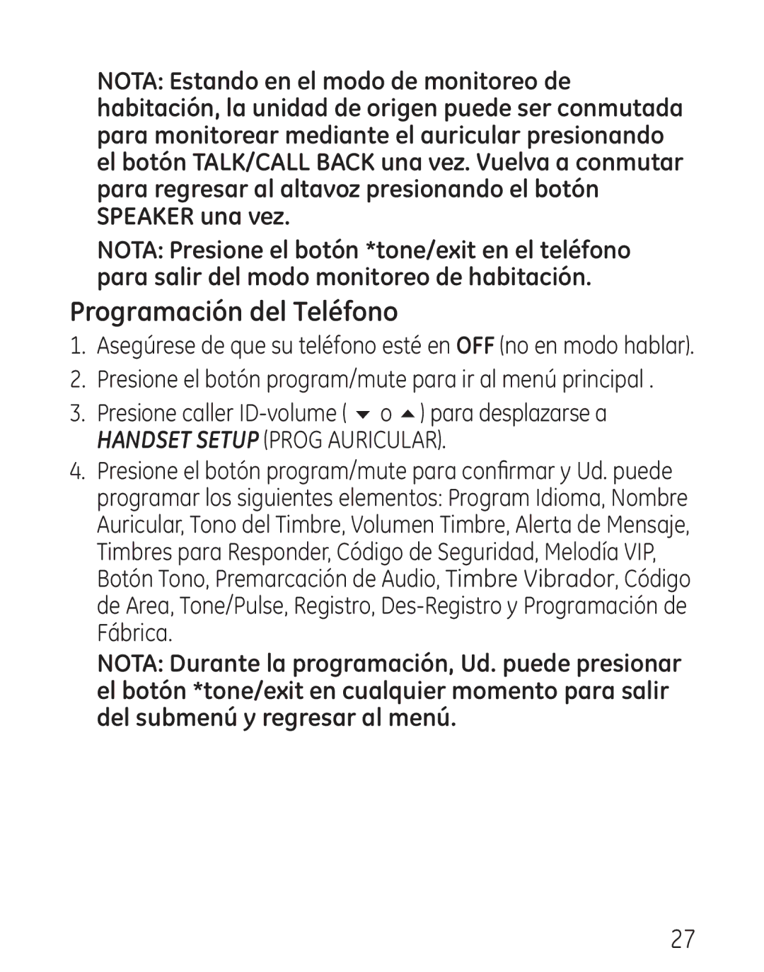 GE 00018, 9115 manual Programación del Teléfono, Handset Setup Prog Auricular 