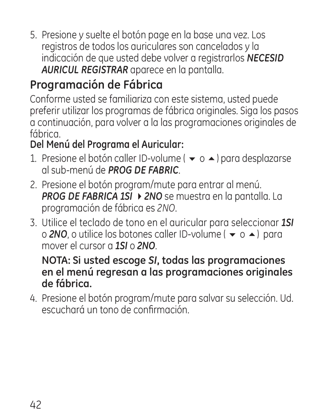 GE 9115, 00018 manual Programación de Fábrica 