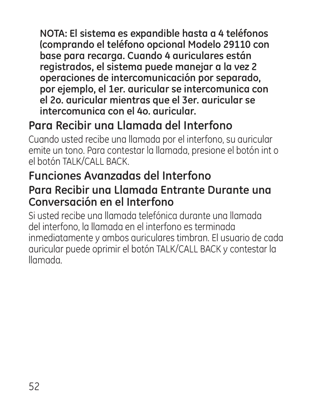 GE 9115, 00018 manual Para Recibir una Llamada del Interfono, Funciones Avanzadas del Interfono 