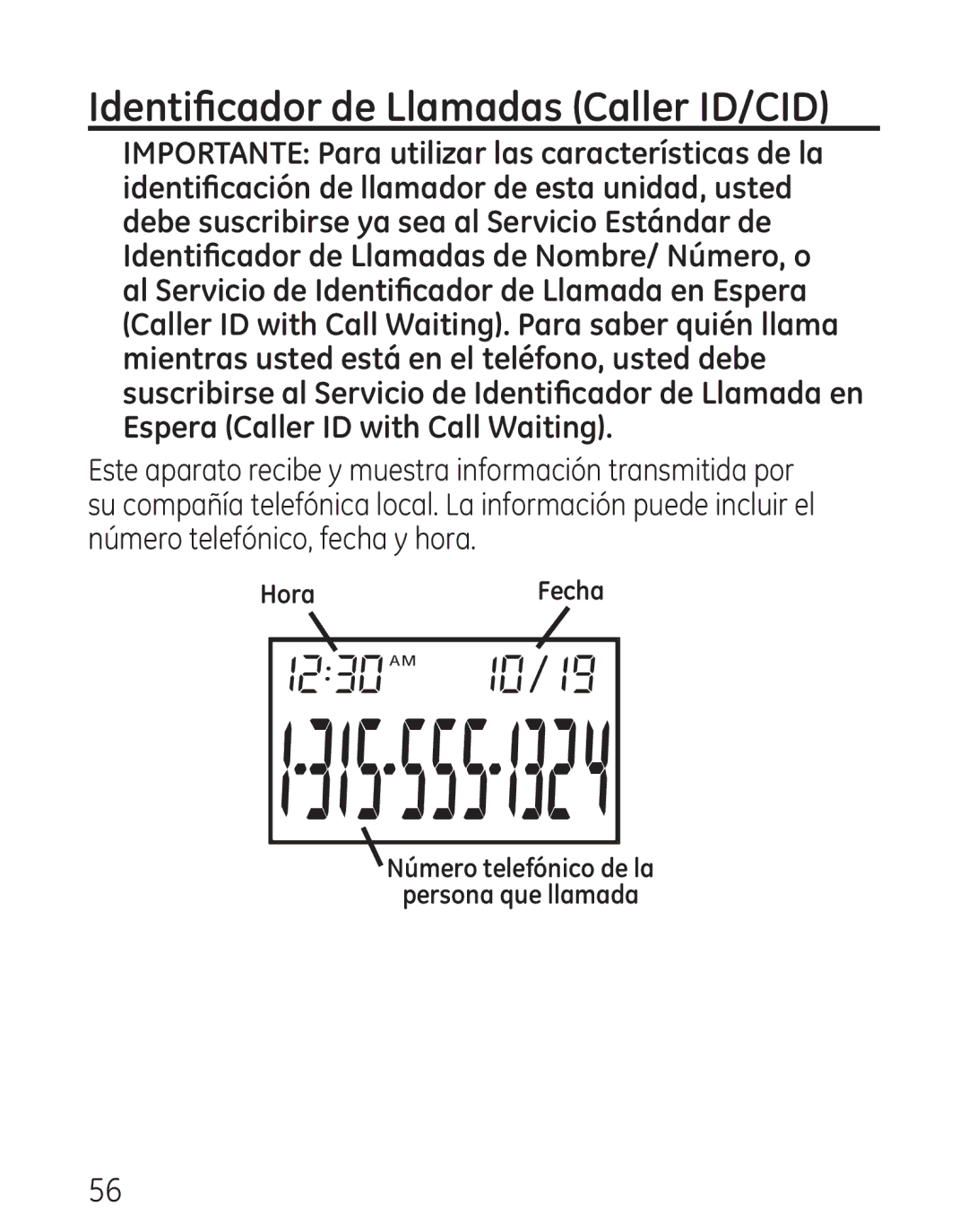 GE 9115, 00018 manual Identificador de Llamadas Caller ID/CID 