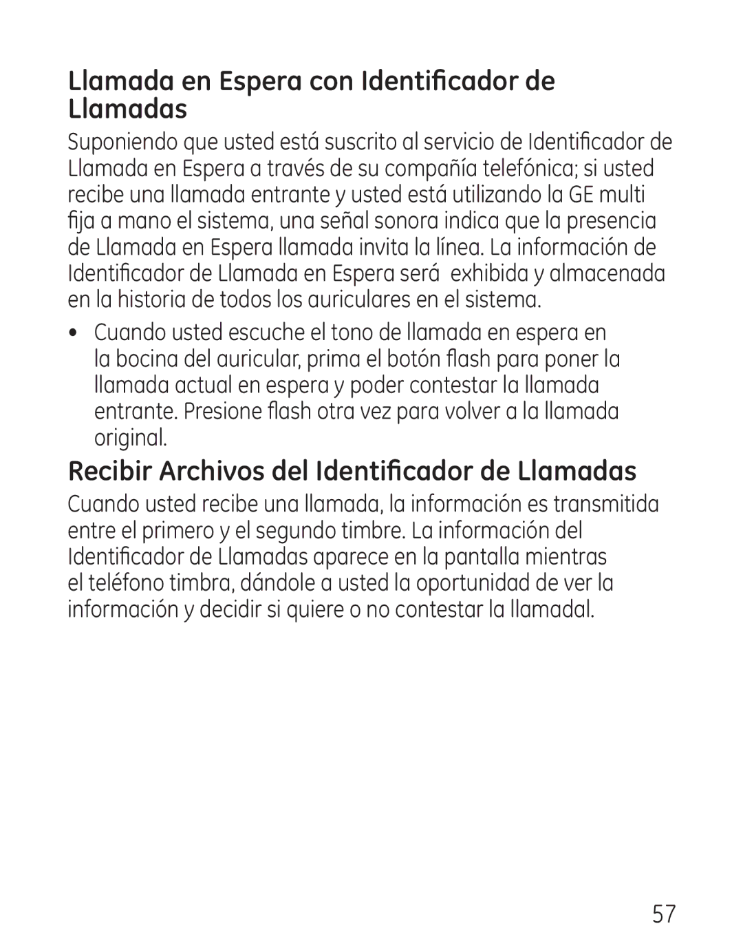 GE 00018, 9115 manual Llamada en Espera con Identificador de Llamadas, Recibir Archivos del Identificador de Llamadas 