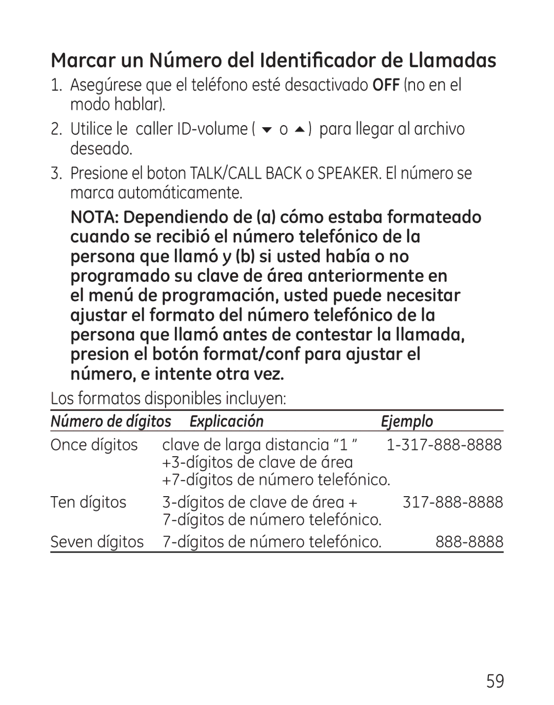 GE 00018, 9115 manual Marcar un Número del Identificador de Llamadas, Los formatos disponibles incluyen 