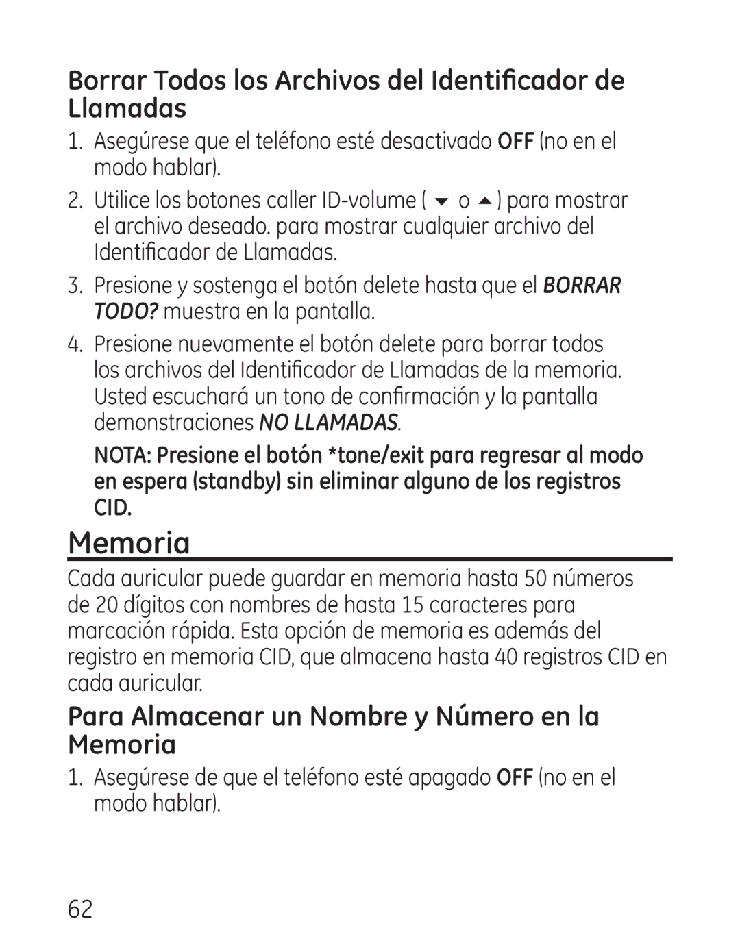 GE 9115 manual Borrar Todos los Archivos del Identificador de Llamadas, Para Almacenar un Nombre y Número en la Memoria 