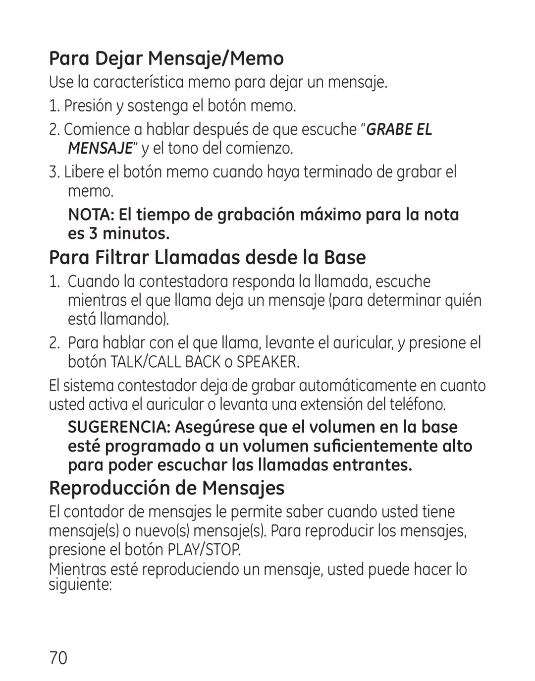 GE 9115, 00018 manual Para Dejar Mensaje/Memo, Para Filtrar Llamadas desde la Base, Reproducción de Mensajes 