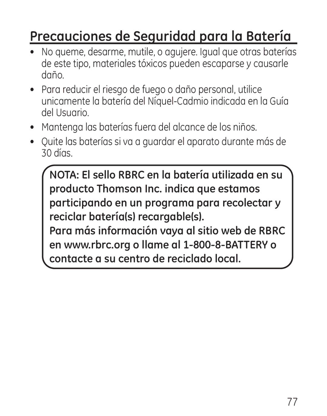 GE 00018, 9115 manual Precauciones de Seguridad para la Batería 