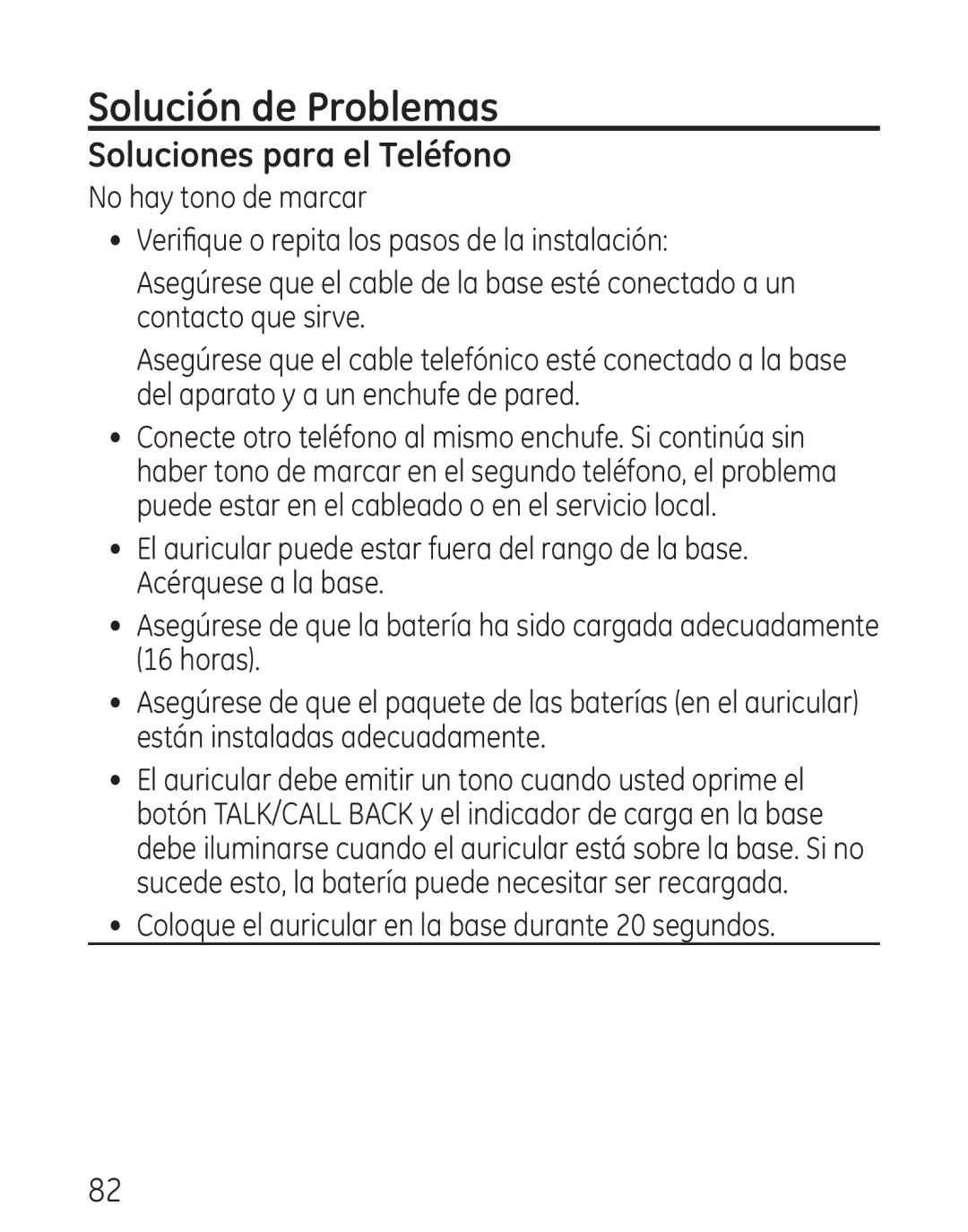 GE 9115, 00018 manual Solución de Problemas, Soluciones para el Teléfono 