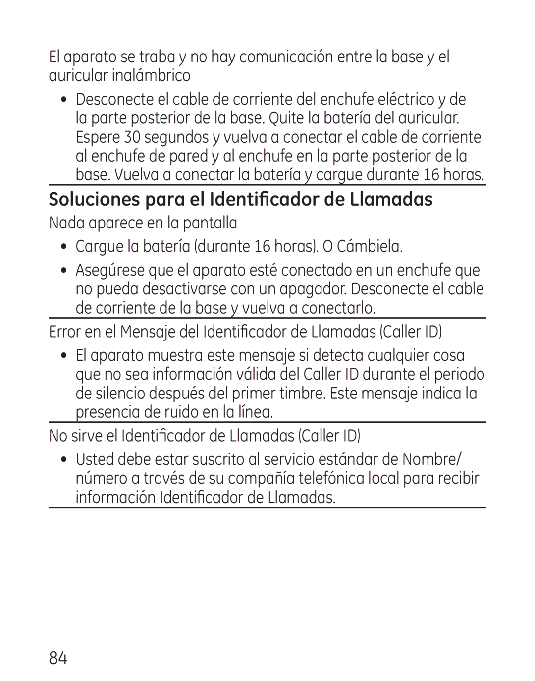 GE 9115, 00018 Soluciones para el Identificador de Llamadas, Error en el Mensaje del Identificador de Llamadas Caller ID 