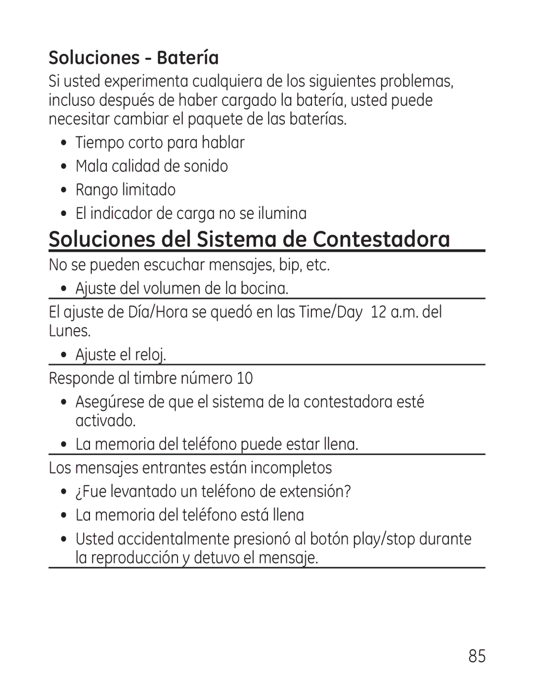 GE 00018, 9115 manual Soluciones del Sistema de Contestadora, Soluciones Batería 