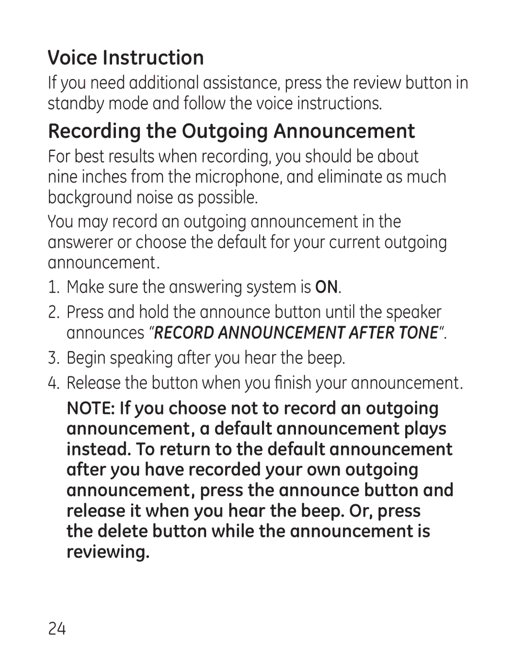 GE 9115, 00018 manual Voice Instruction, Recording the Outgoing Announcement 